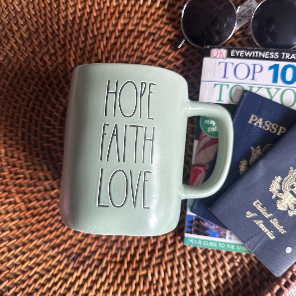 Rae Dunn Seafoam Teal Green “Faith Hope Love” Ceramic Mug